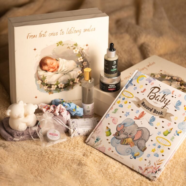 Baby gift hamper with various items.